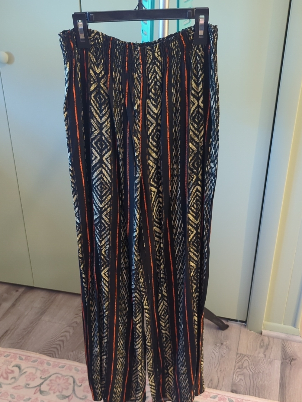 Wide-Leg Bohemian Stripe Pants in Black, Cream & Rust